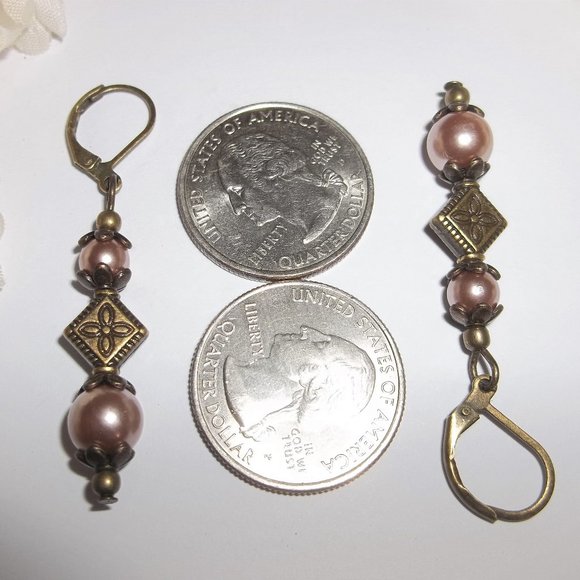 Brown Pearl Earrings, Brown Earrings, Dangle Earrings, Brown and Bronze Set 7481 - Picture 3 of 8